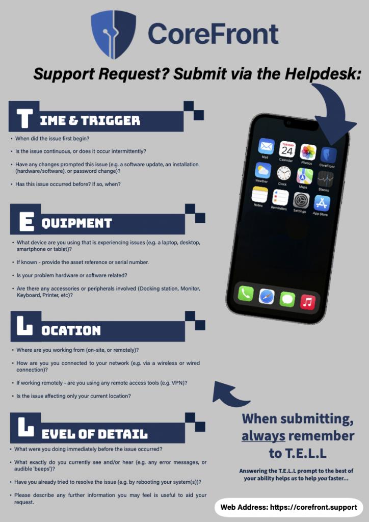 CoreFront Service Desk - Prompt to use T.E.L.L Protocol when reporting tickets (Q4-25).