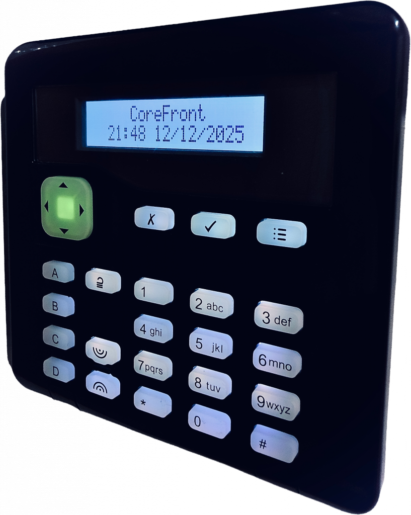 An Eaton KP-01 Intruder Alarm Keypad (with CoreFront Installer Text).